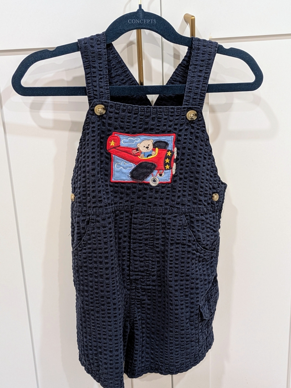 Toddler Short Overalls With Bear Flying A Red Plane